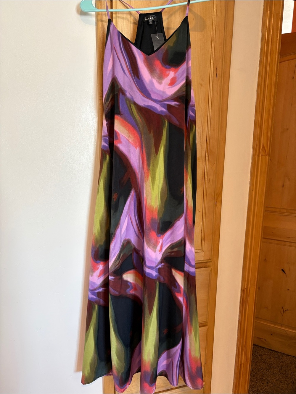 Nicole Miller Multicolor Abstract Satin Slip Maxi Dress - Purple, Pink, Green